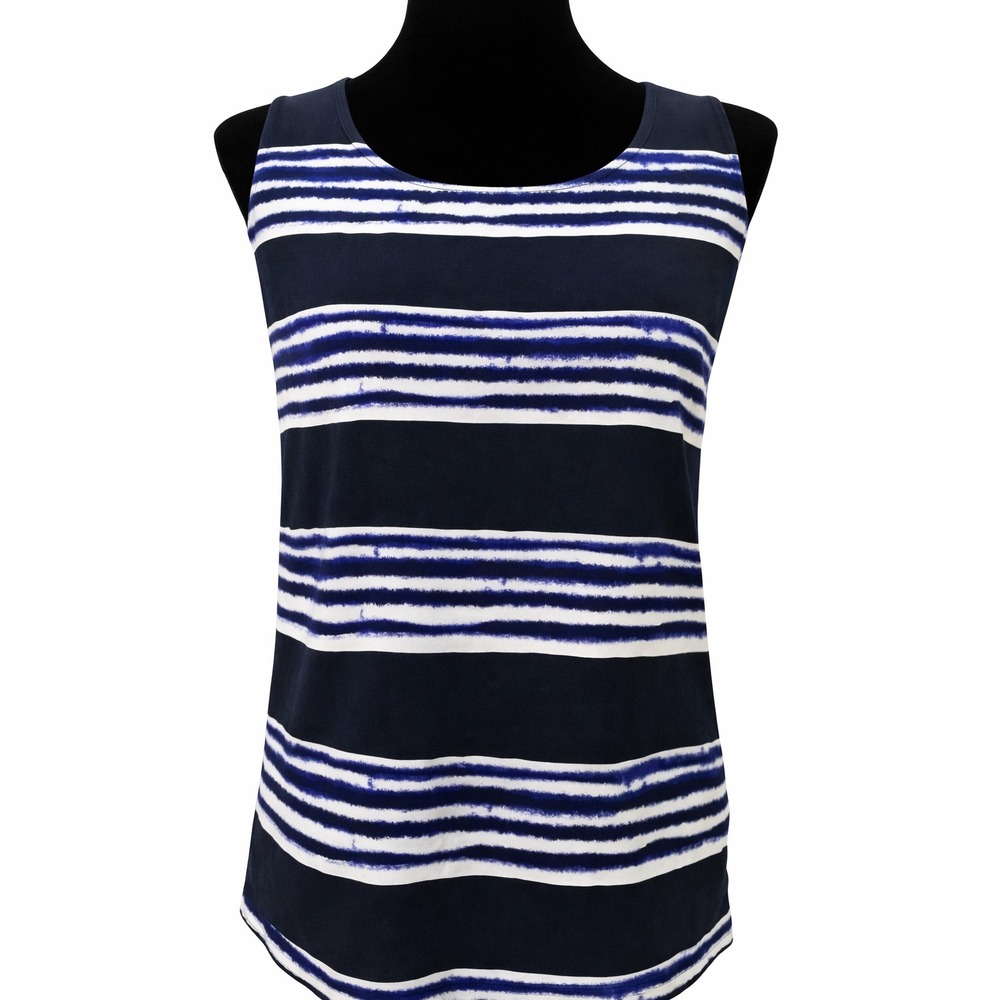 Chico's Womens Tank Top Blouse Size 3 Blue Striped Pullover Crew Neck Sleeveless